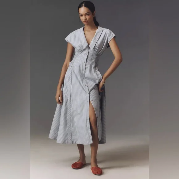 By Anthropologie Short-Sleeve V-Neck Pleated Midi Dress - Picture 2 of 11